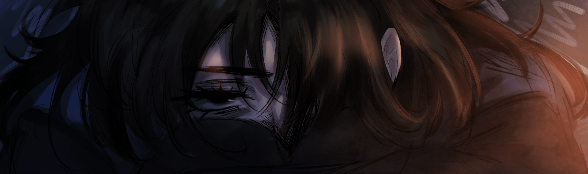 Bound By Insanity wide close-up artwork of a dark-haired character under blue and red lighting