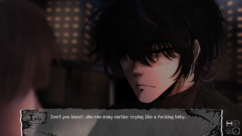 Bound By Insanity dialogue scene with Eric speaking against a city-lit background