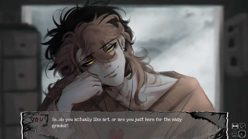 Bound By Insanity dialogue scene with a long-haired character asking the protagonist about art