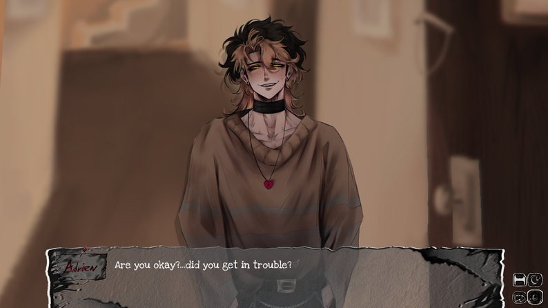 Bound By Insanity dialogue scene showing Adrien in a warm interior